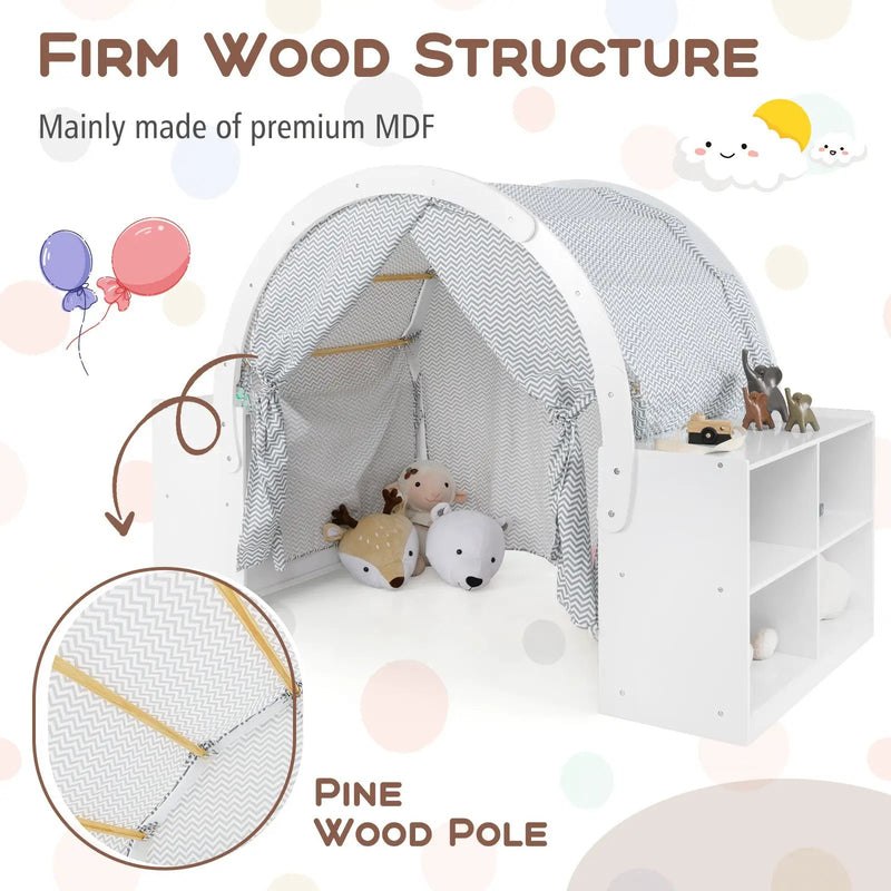 Wooden Kids Play Tent with Curtain Shades and 8 Cubbies-White by DirectDeals