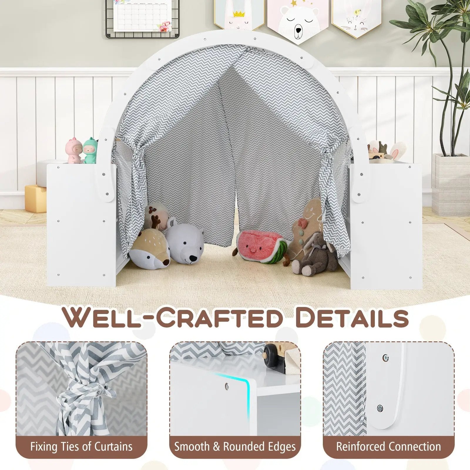 Wooden Kids Play Tent with Curtain Shades and 8 Cubbies-White by DirectDeals