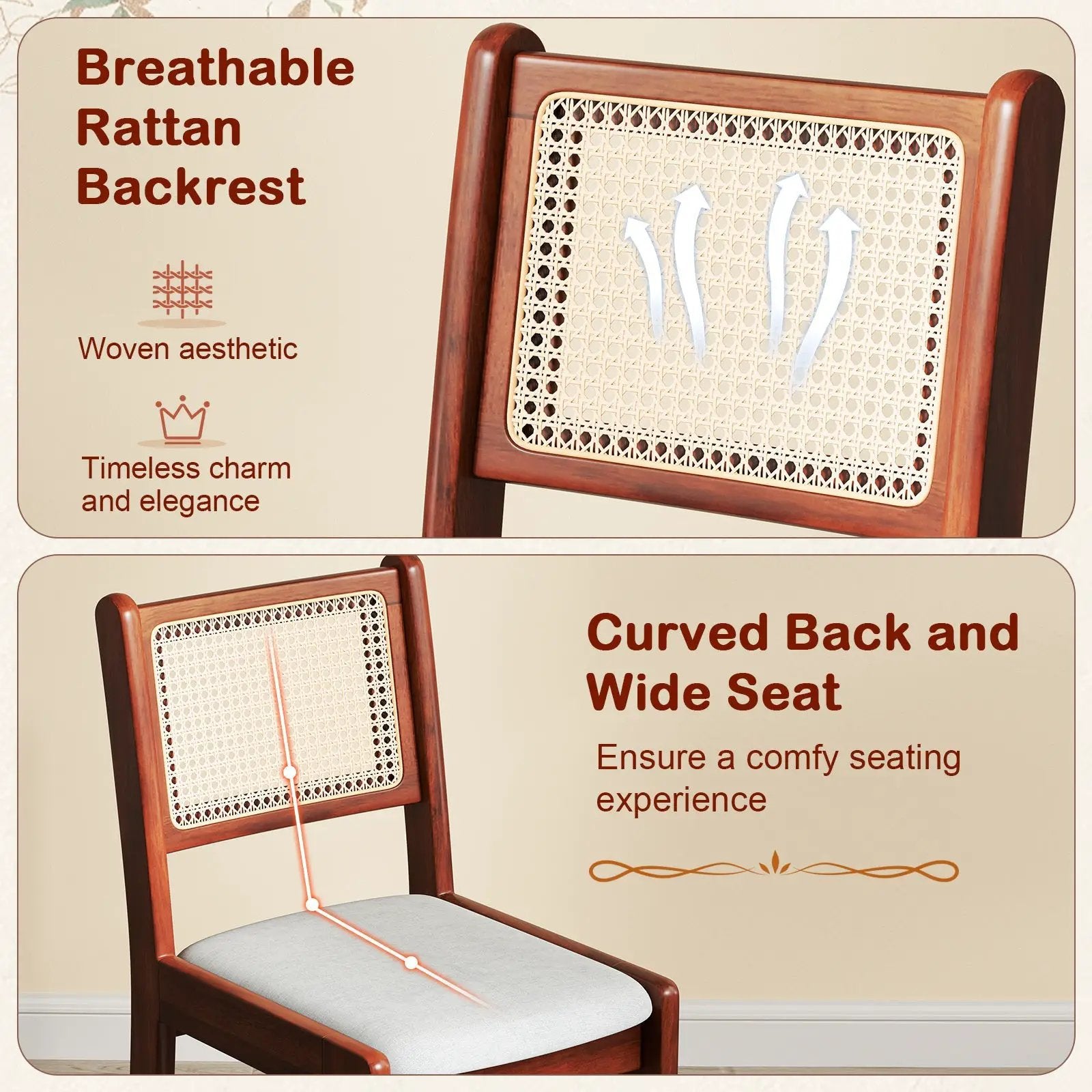 Wooden Kitchen Chairs with Cane Back Rubber Wood Frame and Padded Seat-Coffee by DirectDeals