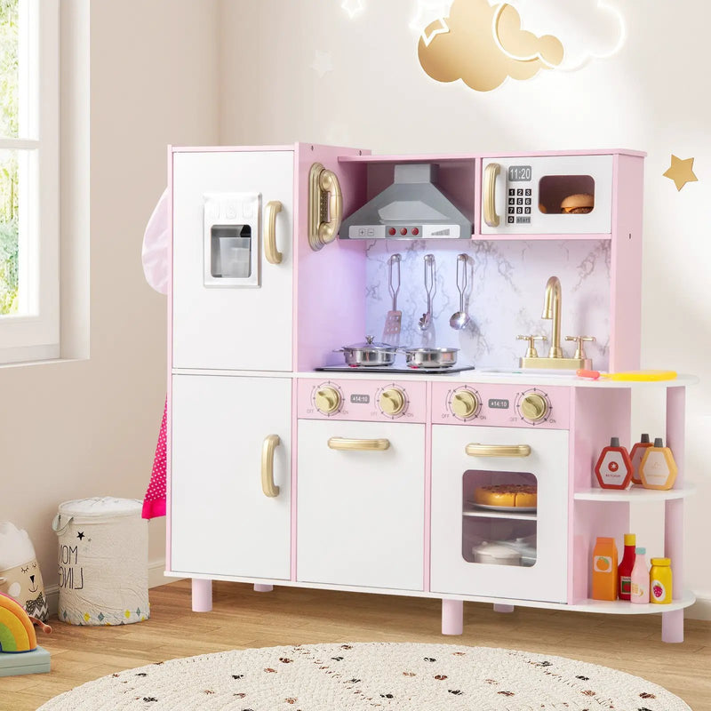 Wooden Kitchen Playset with Ice Maker and Sounds for Ages 3+-Pink by DirectDeals