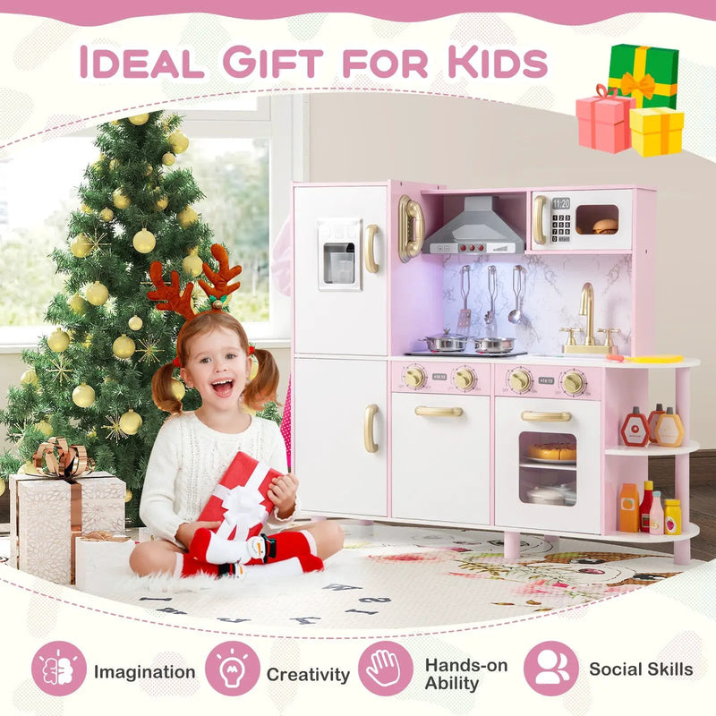 Wooden Kitchen Playset with Ice Maker and Sounds for Ages 3+-Pink by DirectDeals