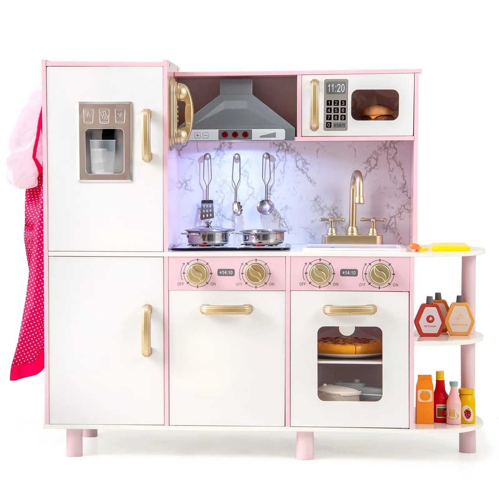 Wooden Kitchen Playset with Ice Maker and Sounds for Ages 3+-Pink by DirectDeals