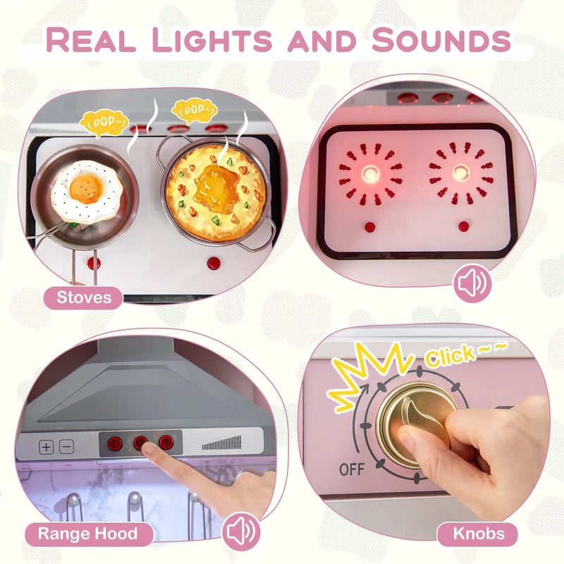 Wooden Kitchen Playset with Ice Maker and Sounds for Ages 3+-Pink by DirectDeals