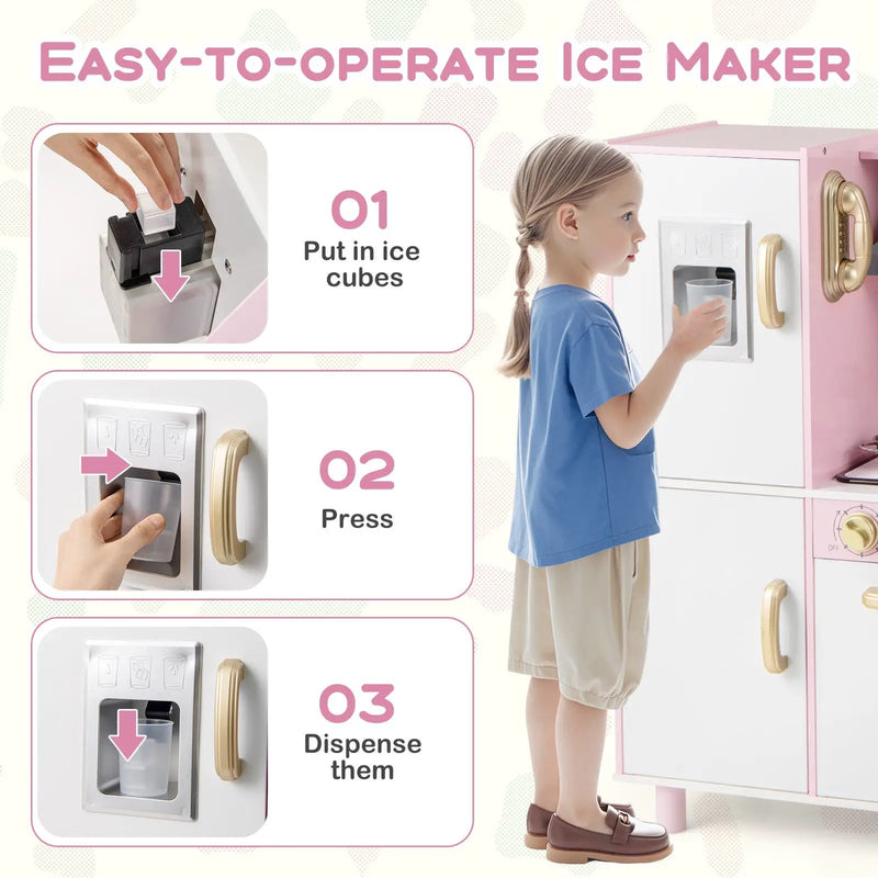 Wooden Kitchen Playset with Ice Maker and Sounds for Ages 3+-Pink by DirectDeals