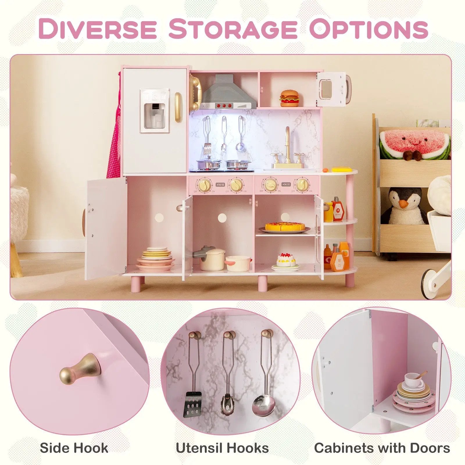 Wooden Kitchen Playset with Ice Maker and Sounds for Ages 3+-Pink by DirectDeals