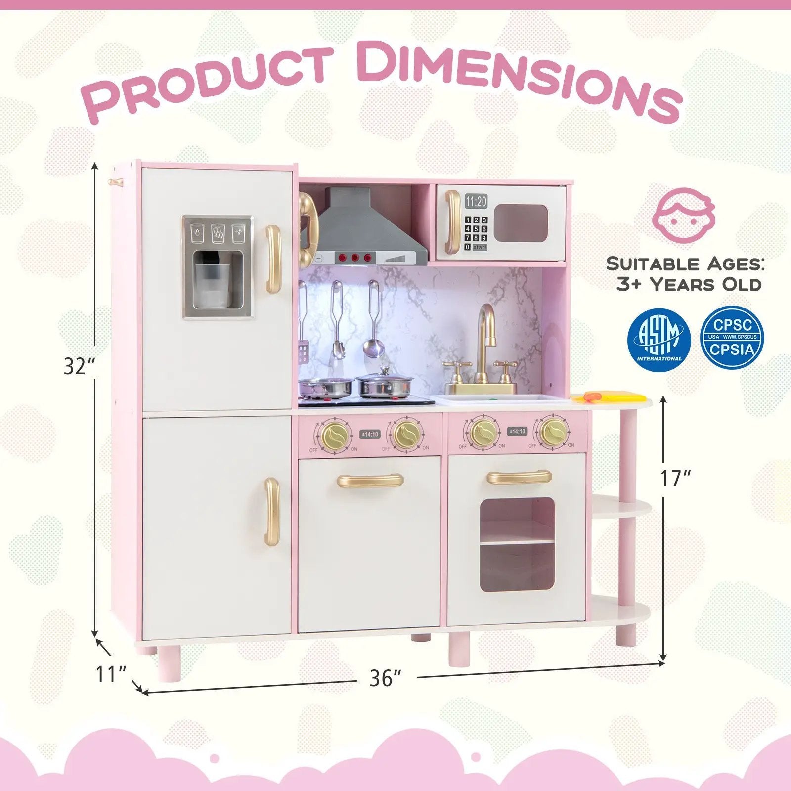 Wooden Kitchen Playset with Ice Maker and Sounds for Ages 3+-Pink by DirectDeals