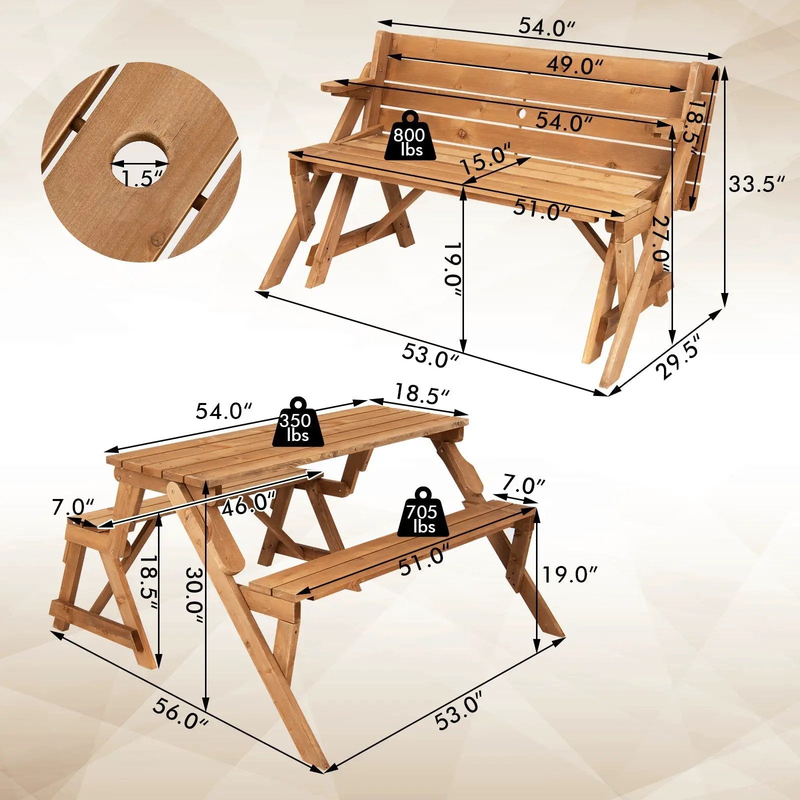 2-in-1 Transforming Interchangeable Wooden Picnic Table Bench with Umbrella Hole-Dark Brown by DirectDeals
