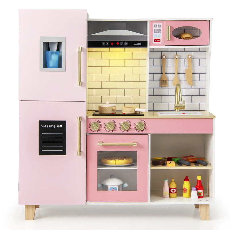 Wooden Pretend Play Kitchen with Ice Maker Range Hood and Blackboard-Pink by DirectDeals