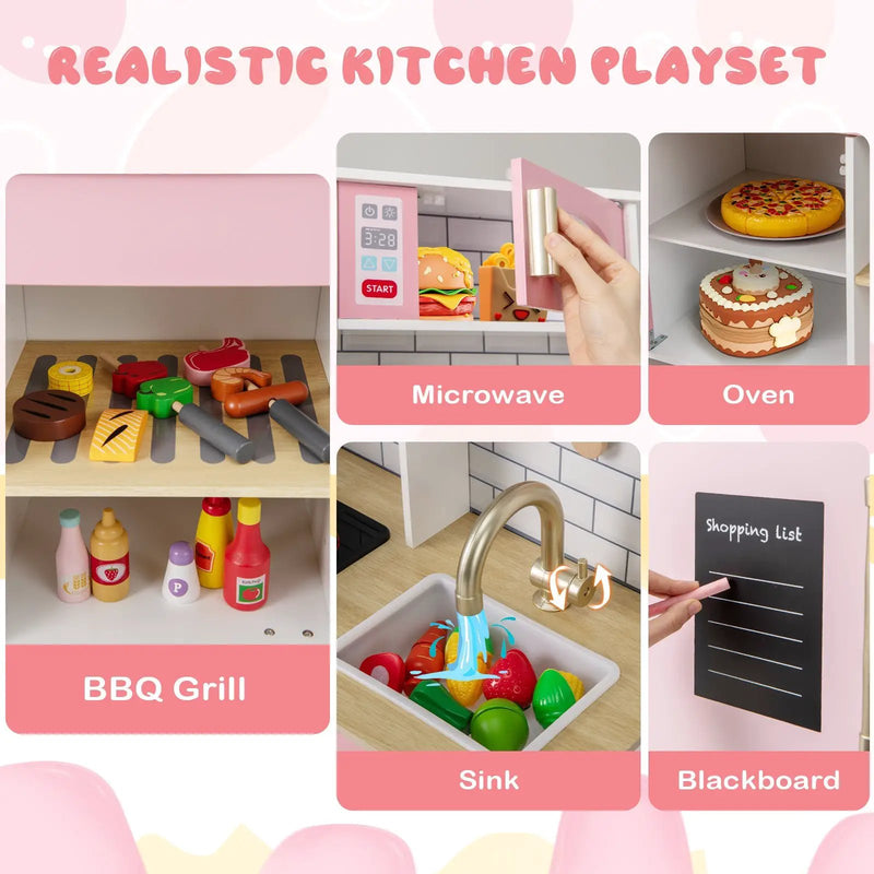 Wooden Pretend Play Kitchen with Ice Maker Range Hood and Blackboard-Pink by DirectDeals