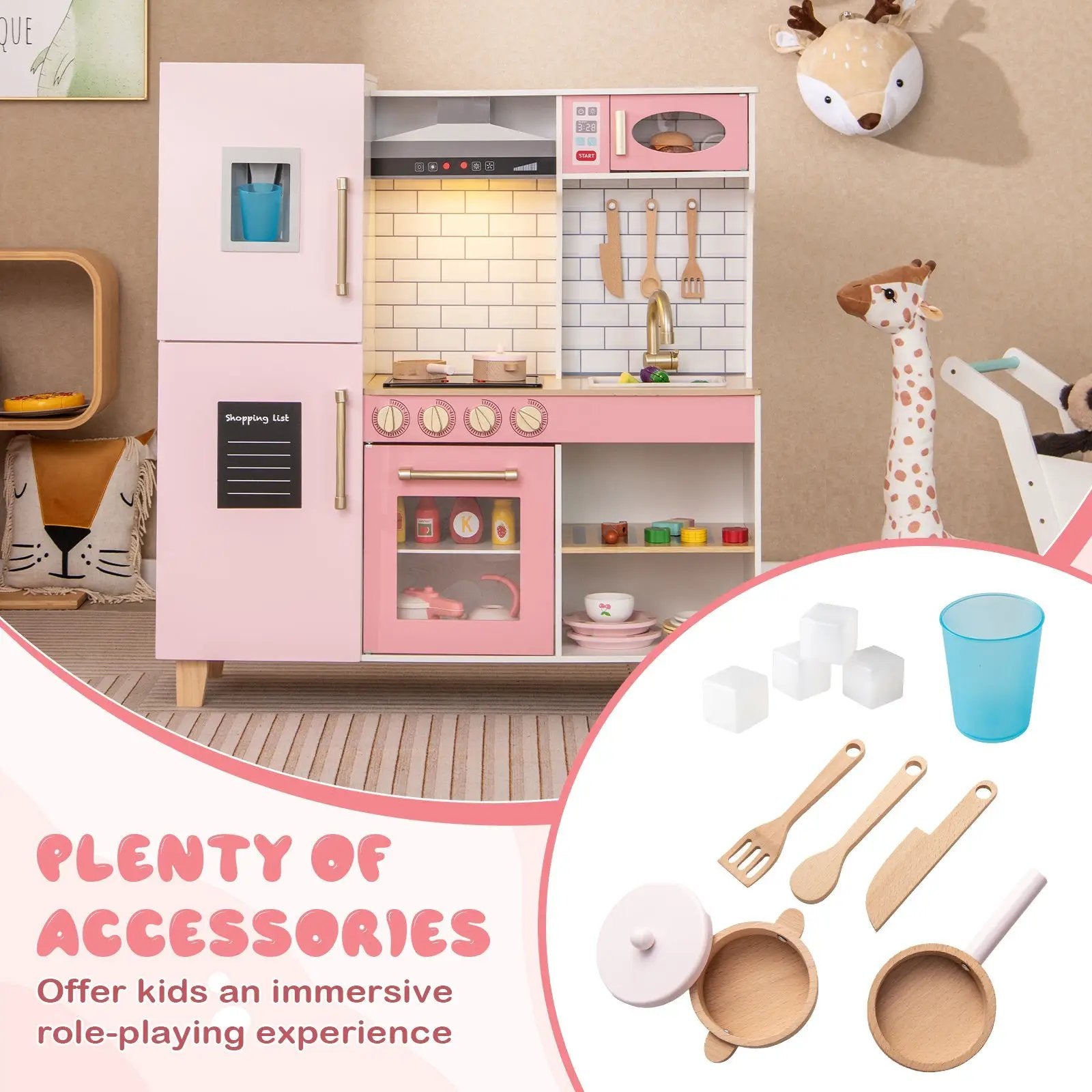 Wooden Pretend Play Kitchen with Ice Maker Range Hood and Blackboard-Pink by DirectDeals