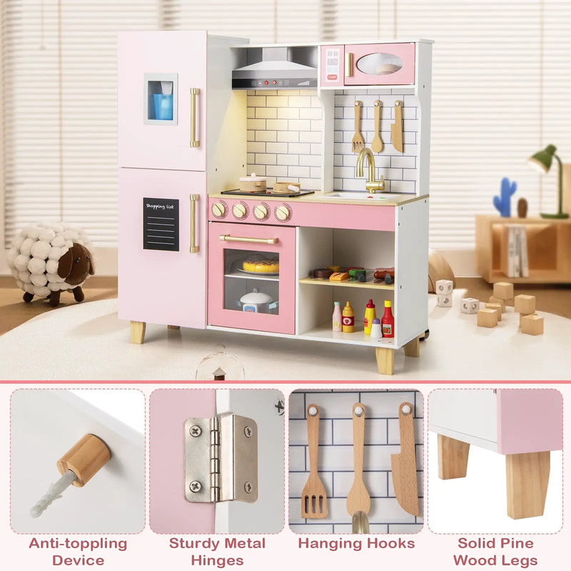 Wooden Pretend Play Kitchen with Ice Maker Range Hood and Blackboard-Pink by DirectDeals