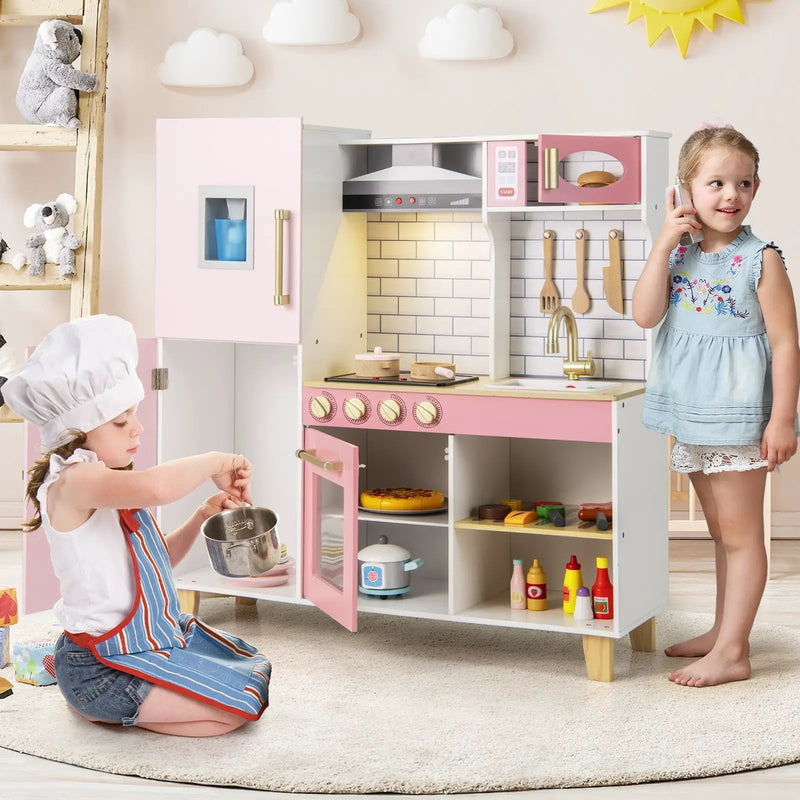 Wooden Pretend Play Kitchen with Ice Maker Range Hood and Blackboard-Pink by DirectDeals