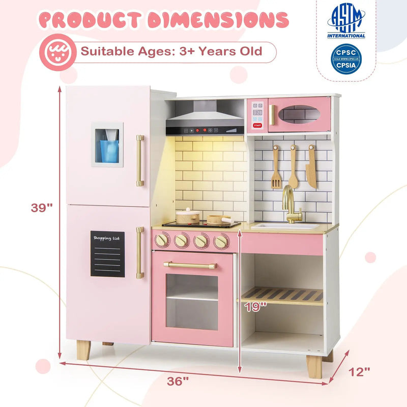 Wooden Pretend Play Kitchen with Ice Maker Range Hood and Blackboard-Pink by DirectDeals