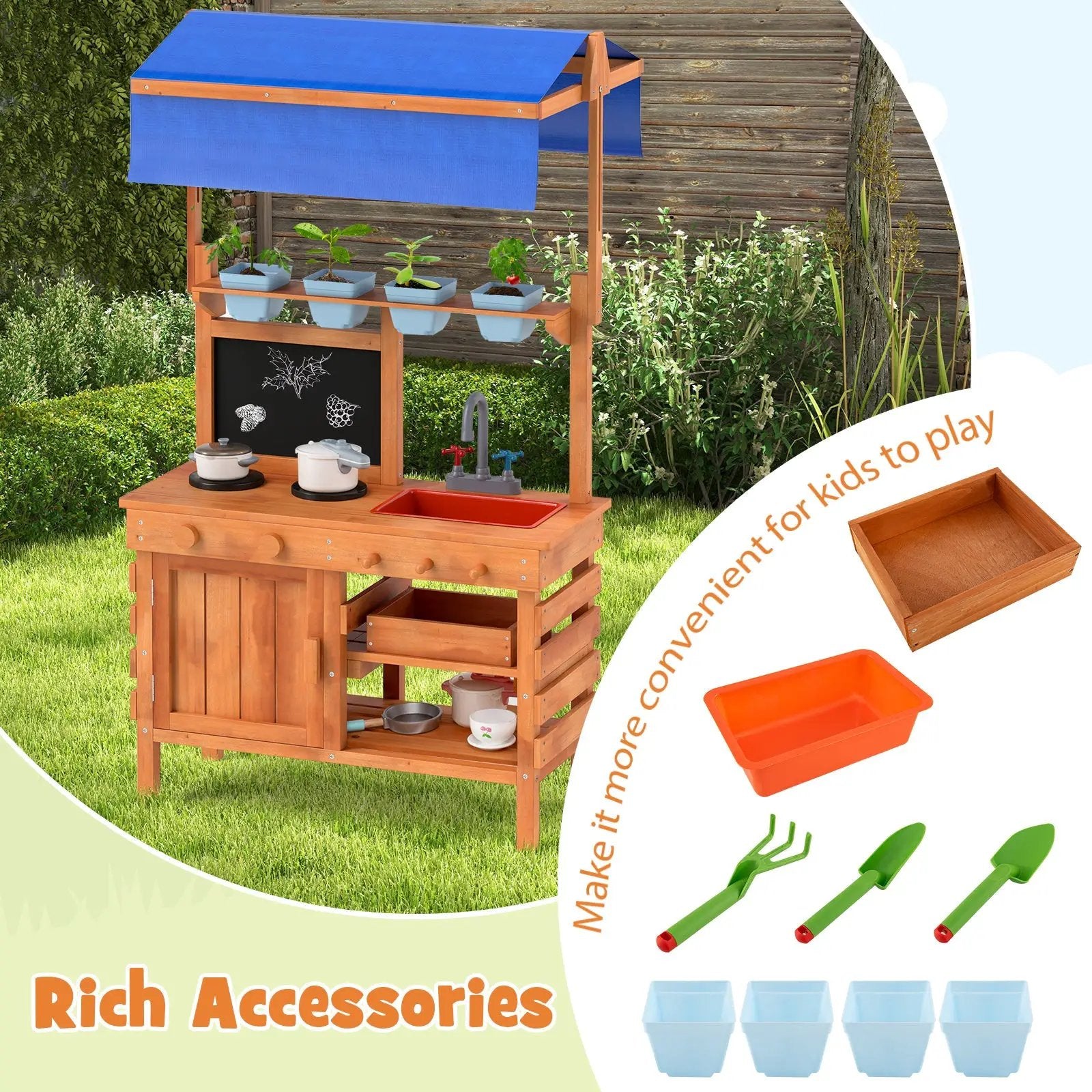 Wooden Pretend Play Kitchen with Height Adjustable Canopy for Kids-Natural by DirectDeals
