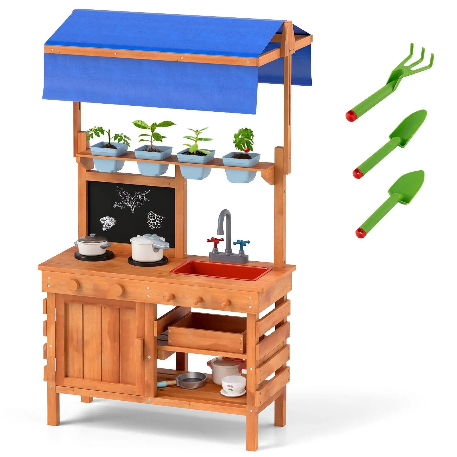 Wooden Pretend Play Kitchen with Height Adjustable Canopy for Kids-Natural by DirectDeals
