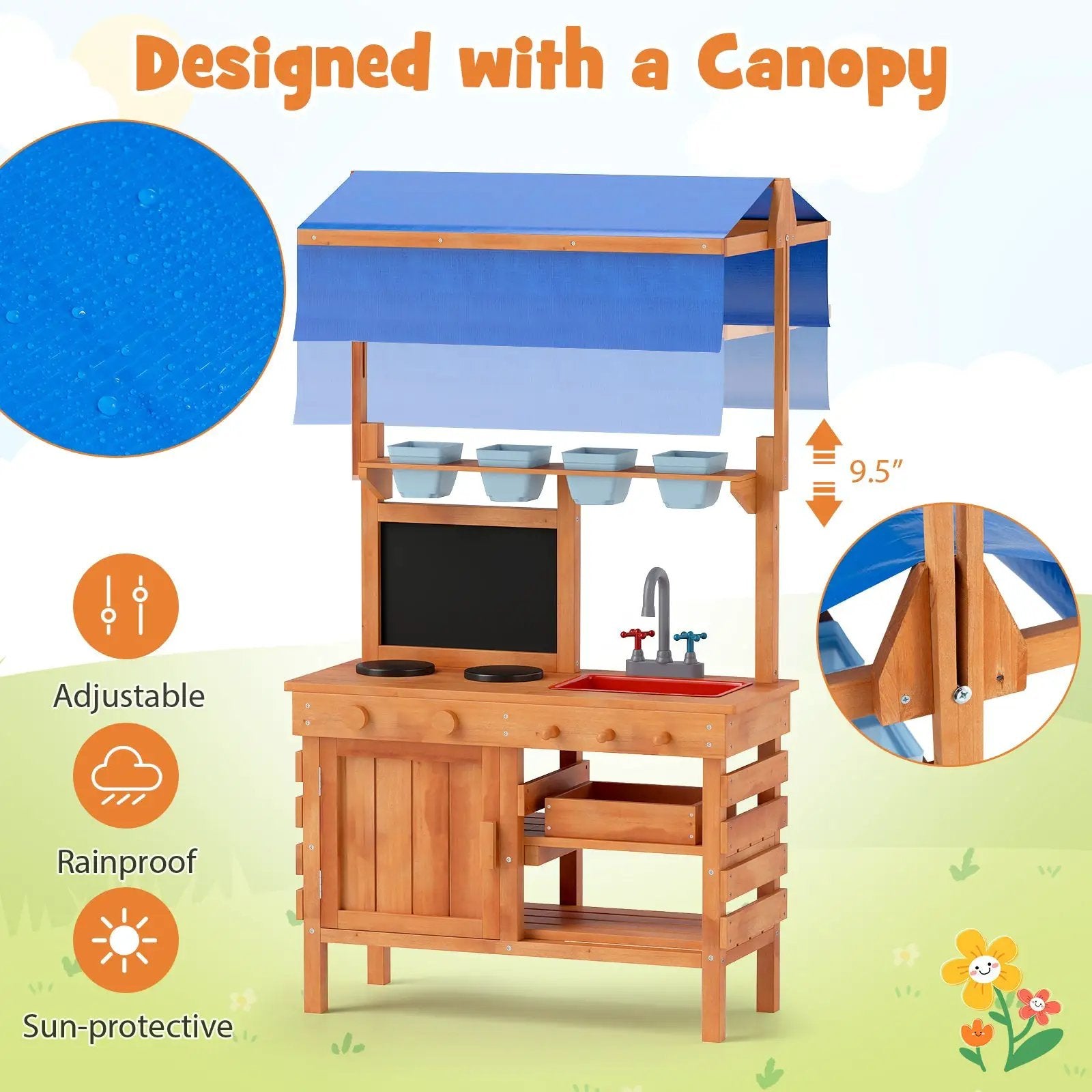 Wooden Pretend Play Kitchen with Height Adjustable Canopy for Kids-Natural by DirectDeals