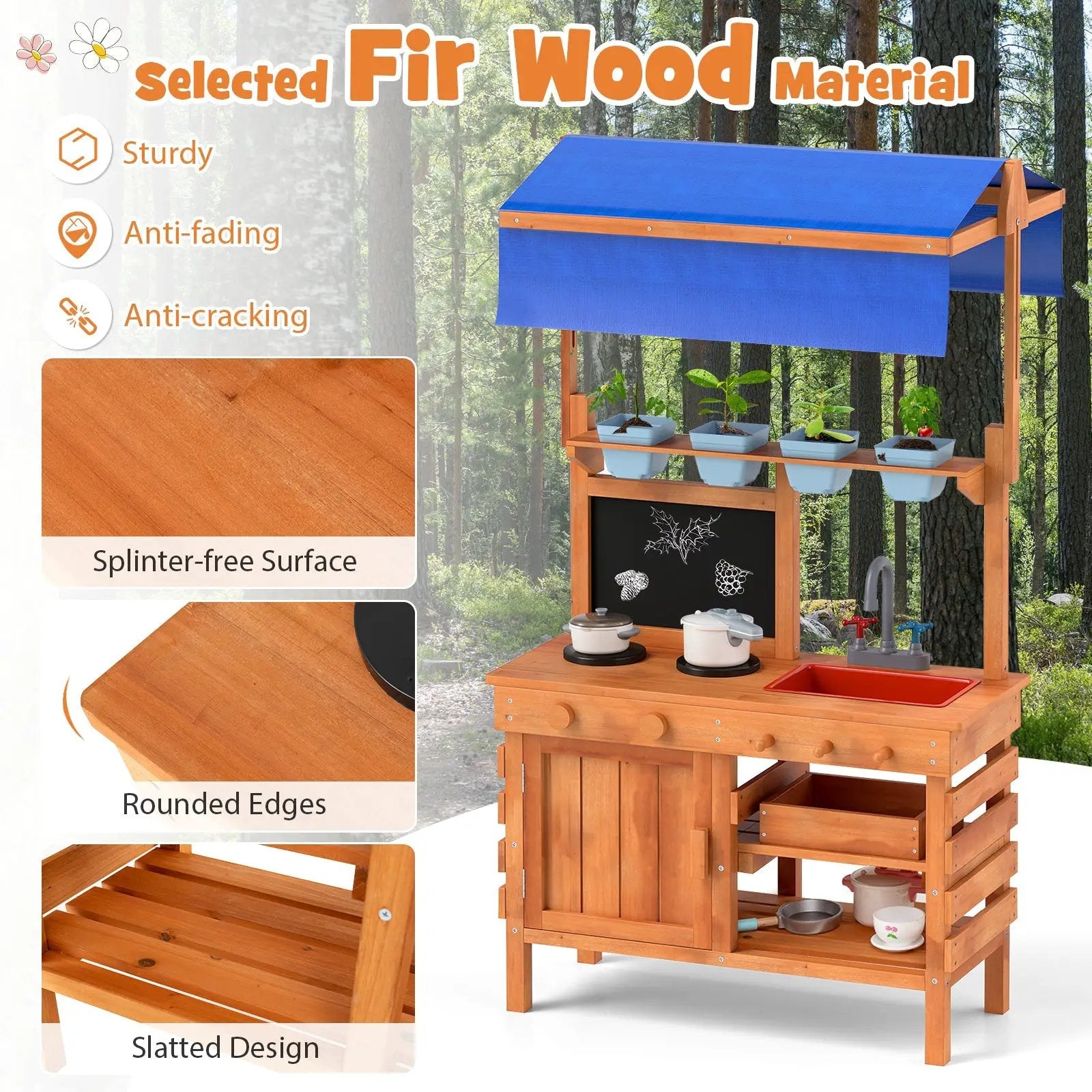Wooden Pretend Play Kitchen with Height Adjustable Canopy for Kids-Natural by DirectDeals