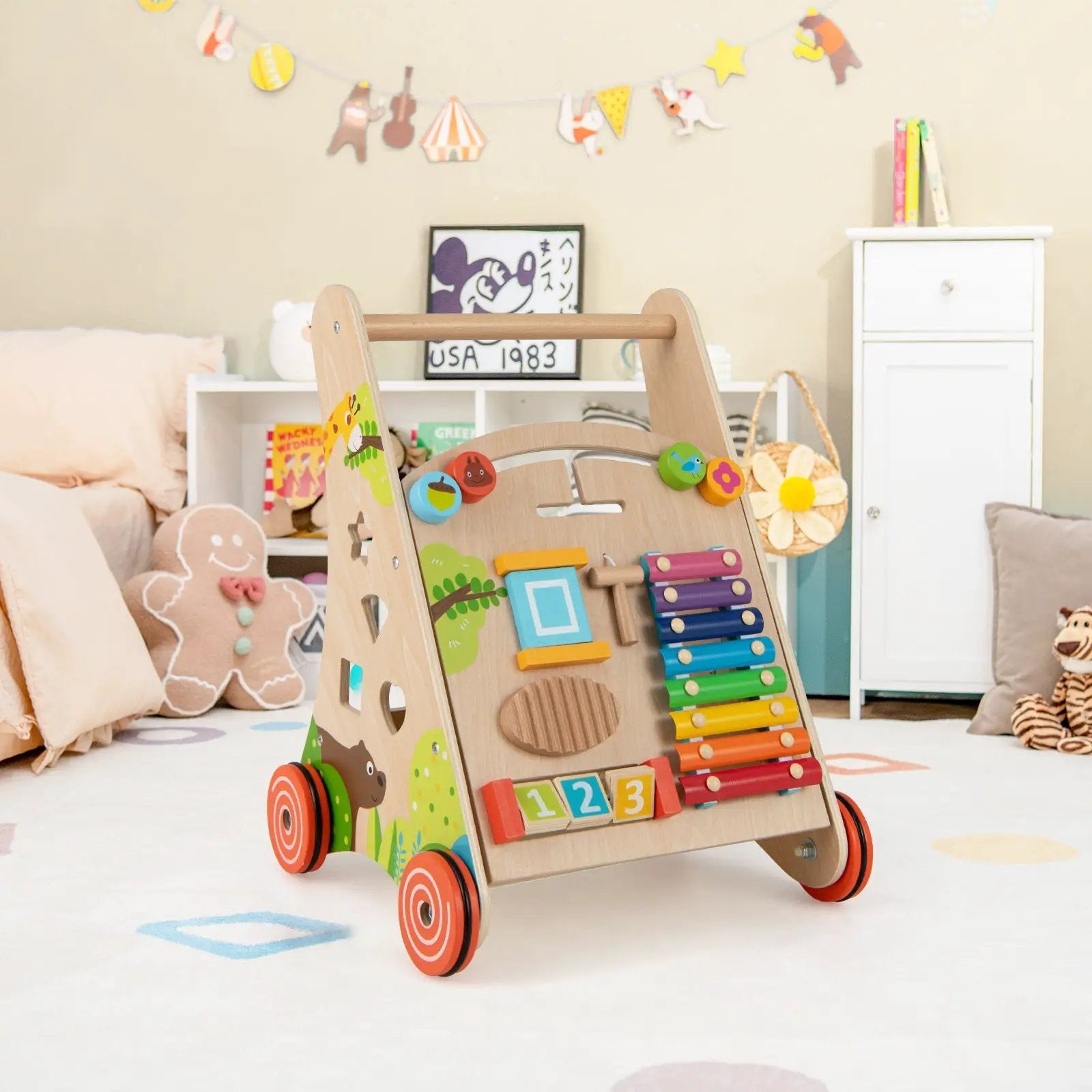 Wooden Push and Pull Baby Walker with Handle and Storage-Natural by DirectDeals