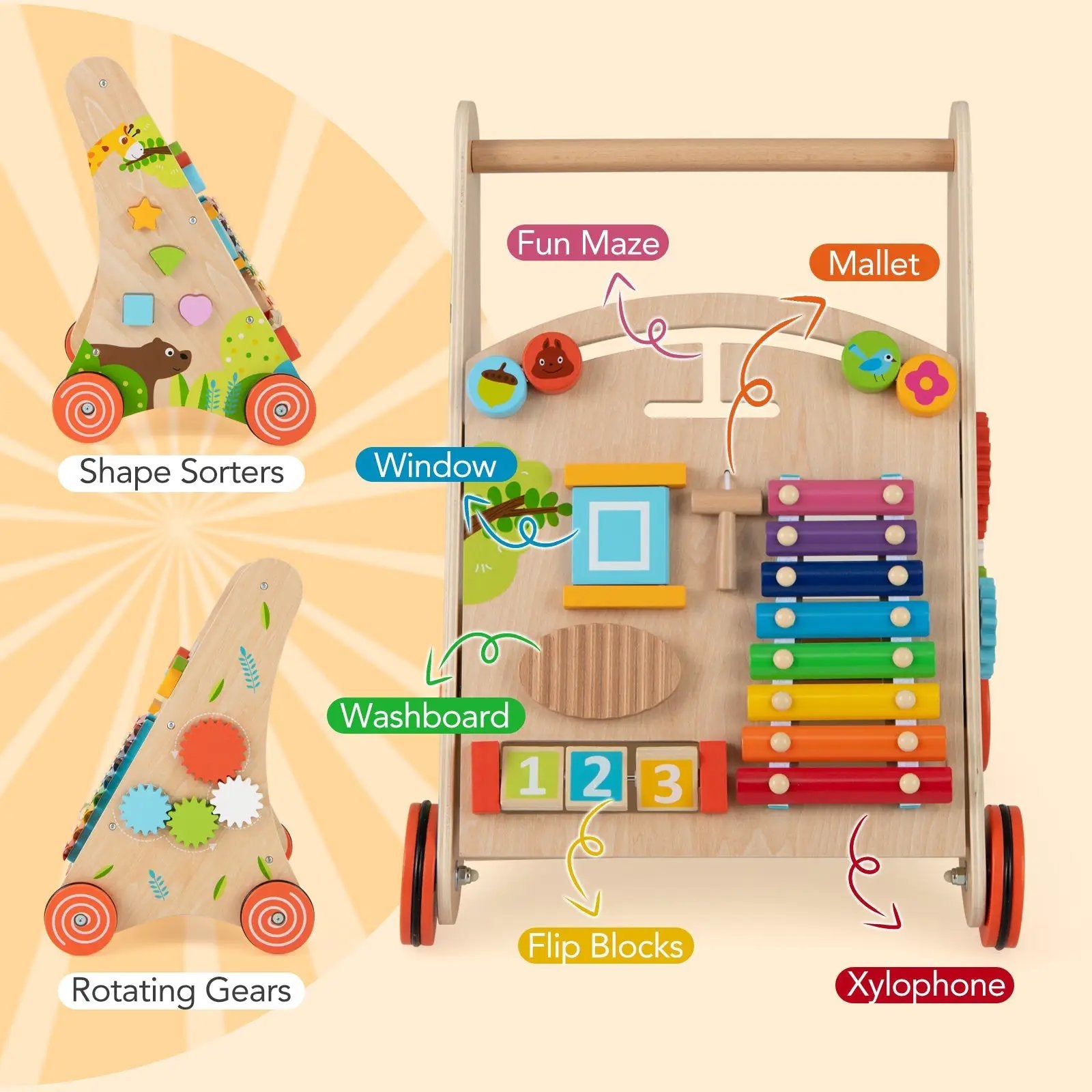 Wooden Push and Pull Baby Walker with Handle and Storage-Natural by DirectDeals