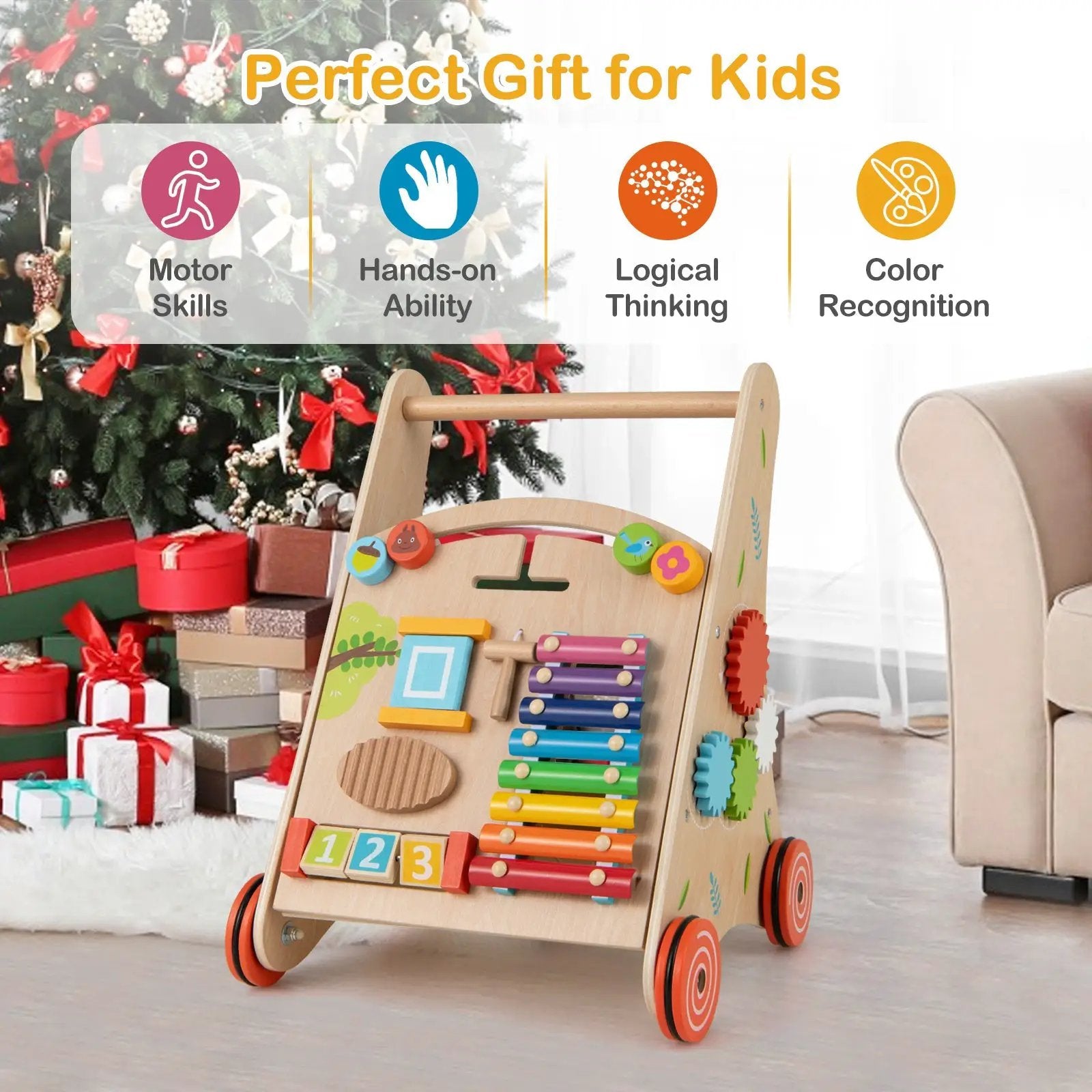 Wooden Push and Pull Baby Walker with Handle and Storage-Natural by DirectDeals