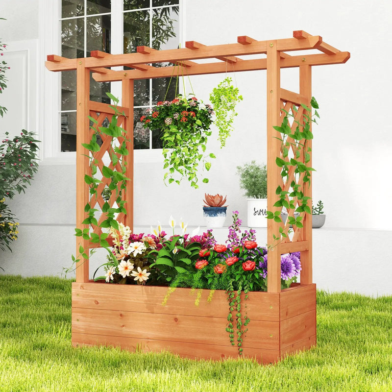Wooden Raised Garden Bed Elevated Planter Box with Trellis and Hanging Roof by DirectDeals