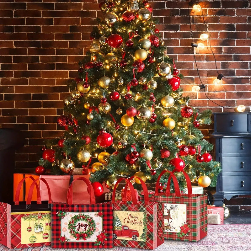 Woven Fabric Gift Bags with Handles, Red White Plaid, 8 16pcs by House Of Avana