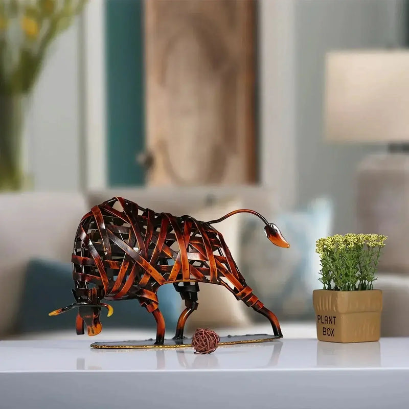 Woven Metal Bull Sculpture Modern Iron Art by House Of Avana