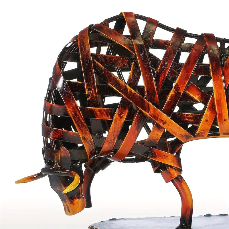 Woven Metal Bull Sculpture Modern Iron Art by House Of Avana