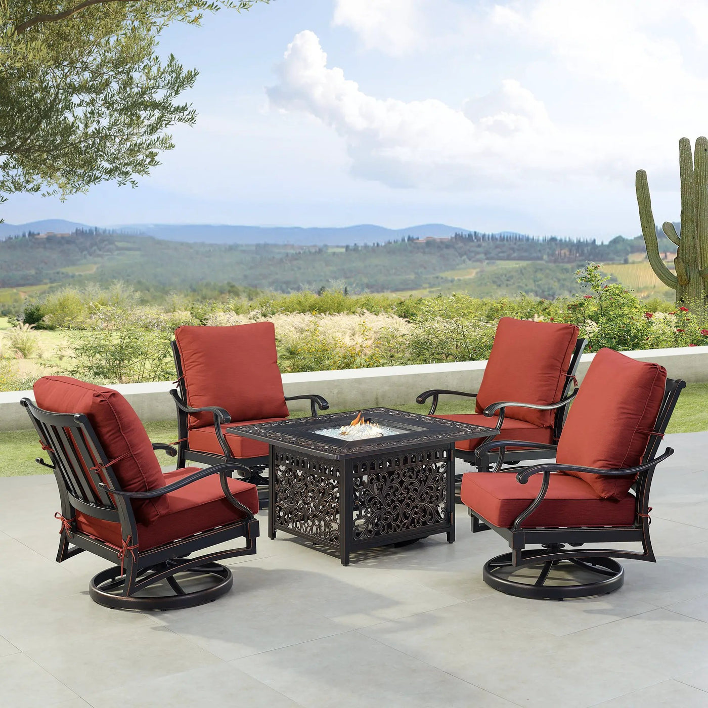 Black Aluminum Fire Table Set with Four Club Chairs by Sharicks