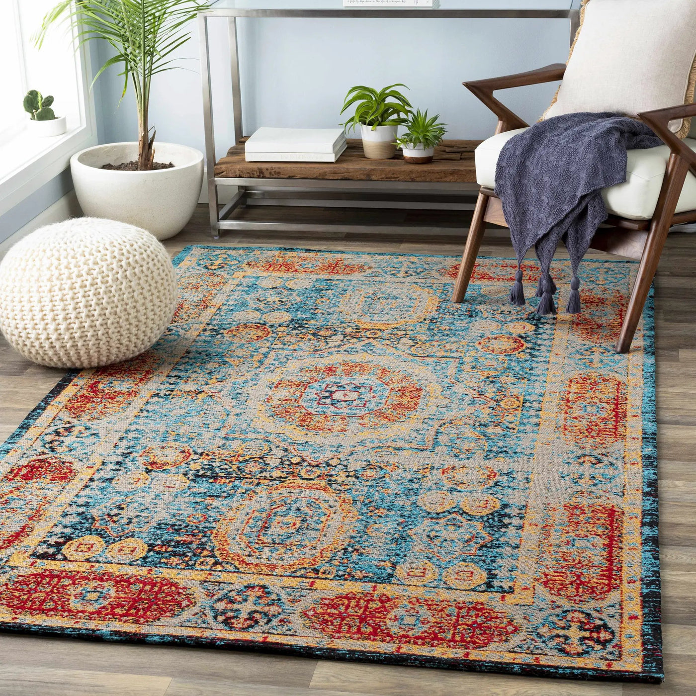 Wrangell Blue/Red Damask Carpet - Clearance by Boutique Rugs