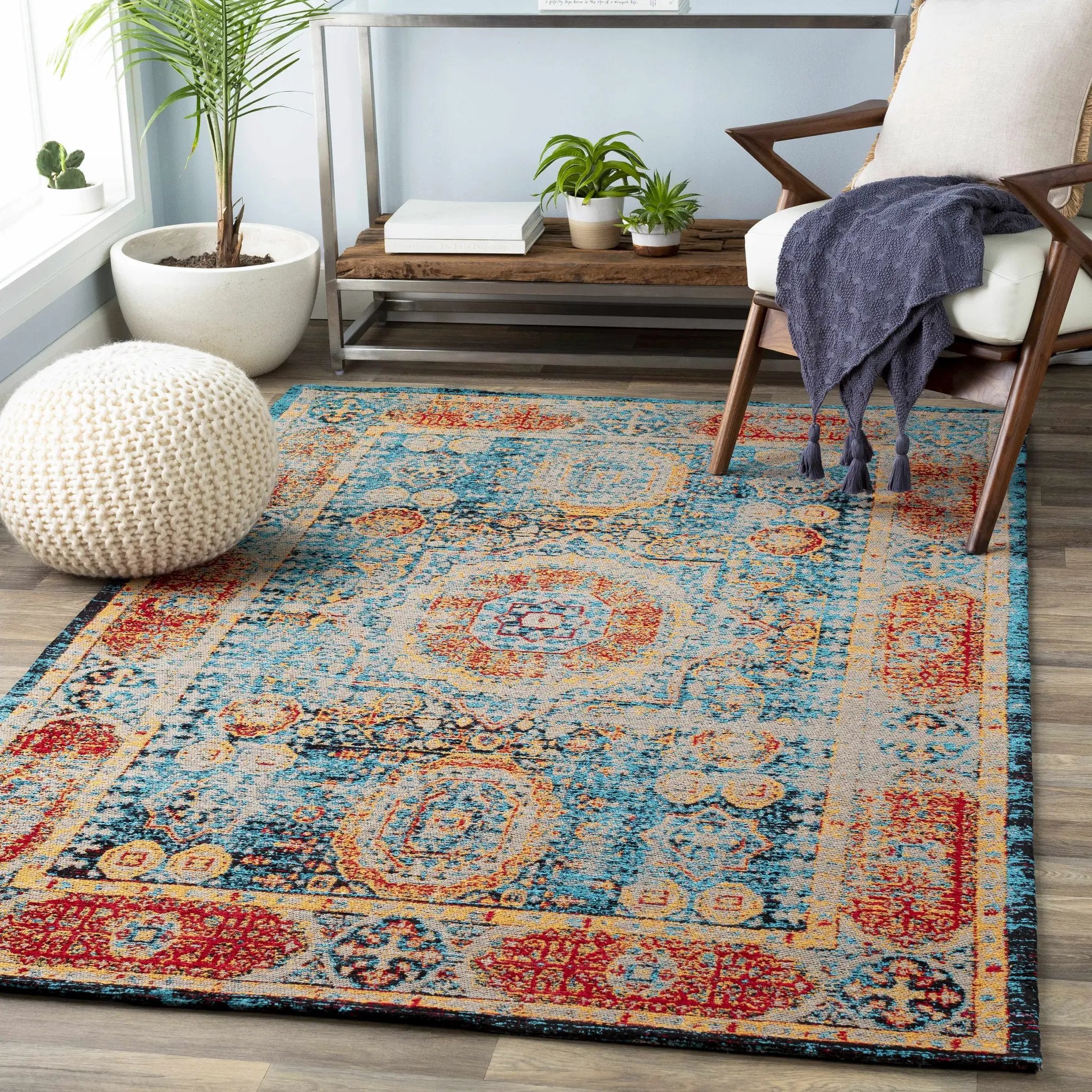 Wrangell Blue/Red Damask Carpet - Clearance by Boutique Rugs