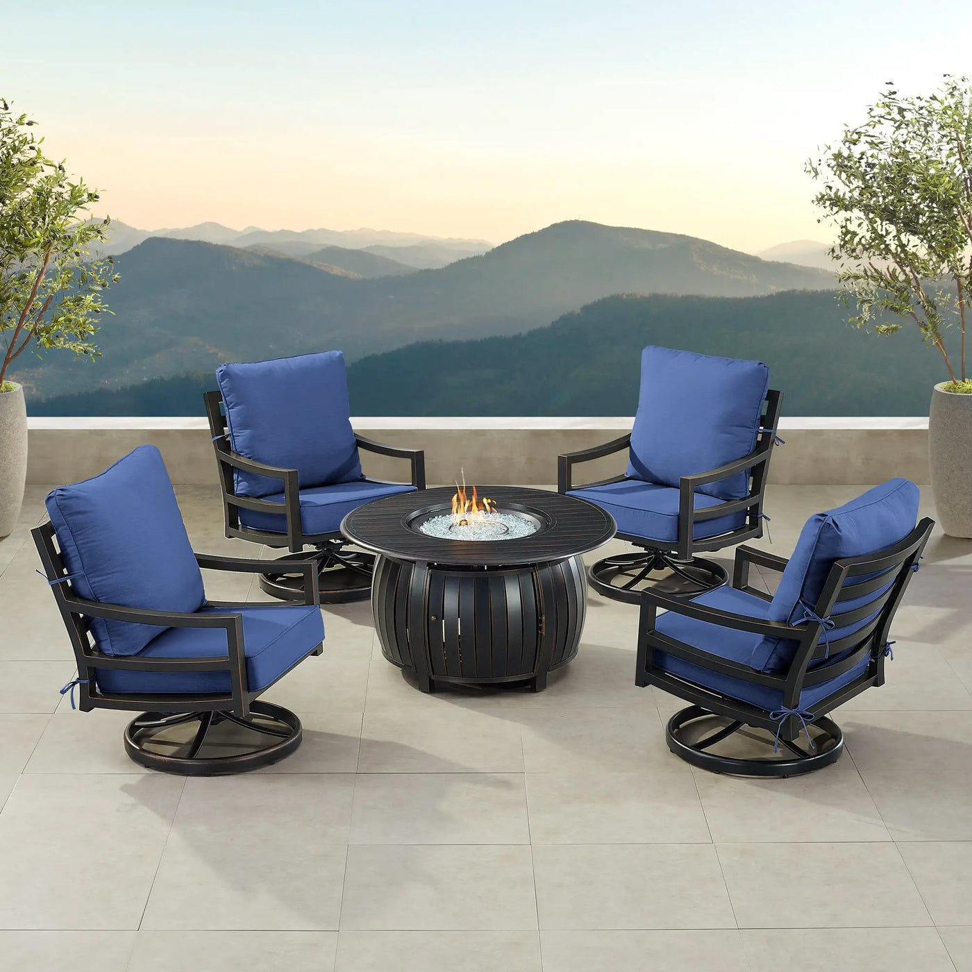 Black Aluminum Fire Table Set with Four Club Chairs by Sharicks
