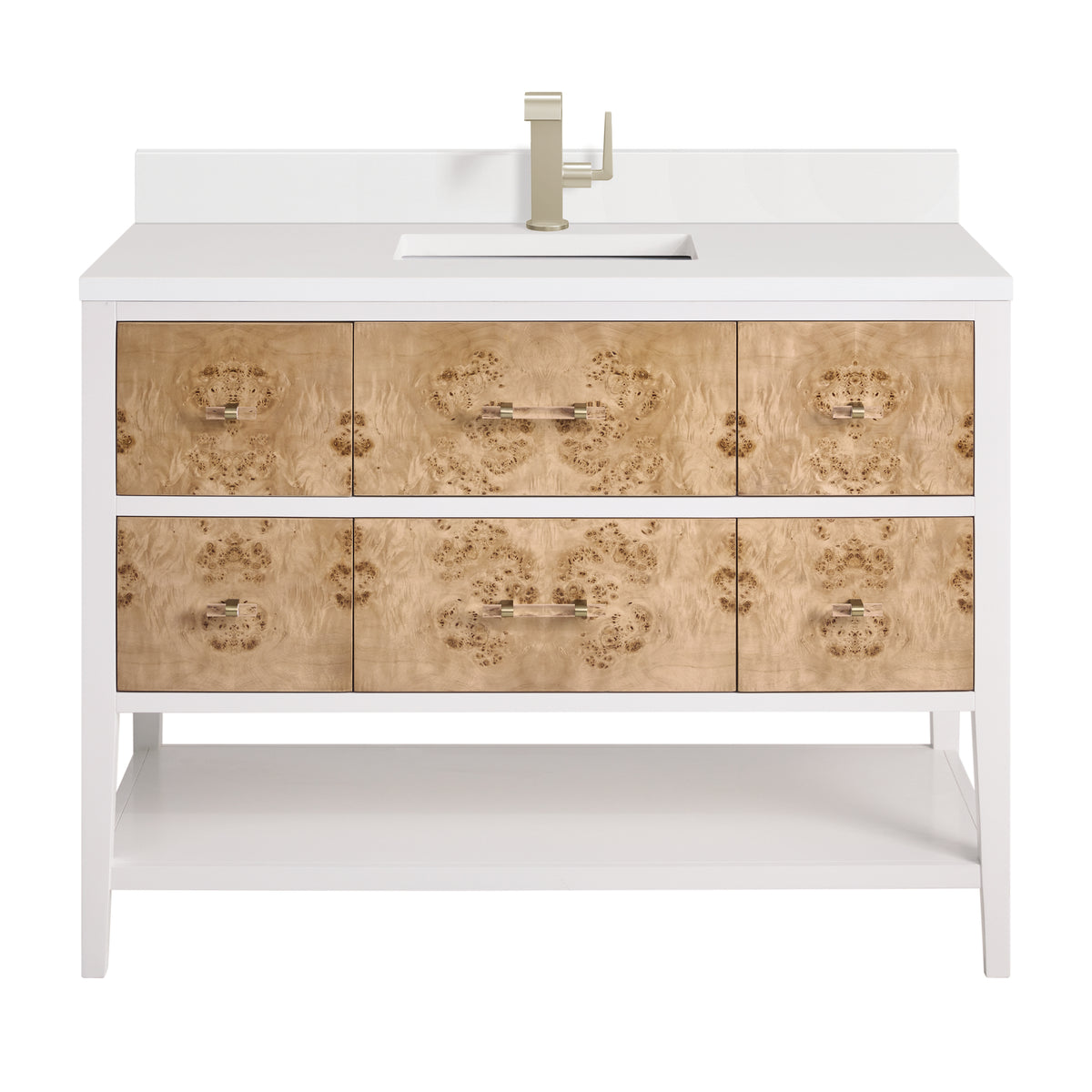 James Martin Olena 48" Single Bathroom Vanity, Polished White and Light Mappa Burl with White Zeus (Single Hole, with Backsplash) countertop