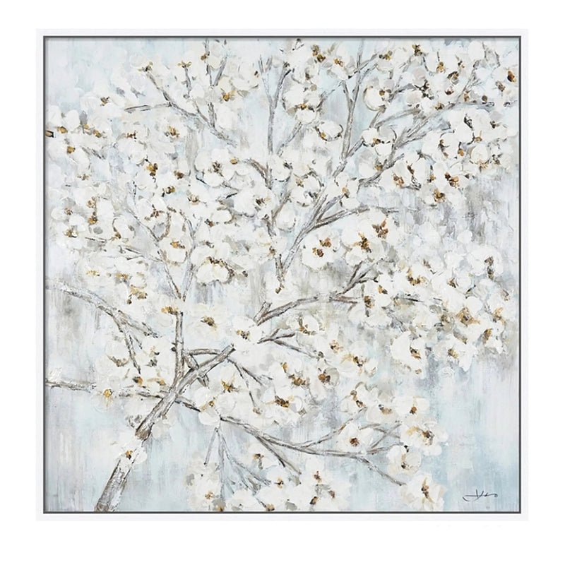 Hand Painted Acrylic Wall Art White Flower Tree on a 39 x 39 Square Canvas with a White Wooden Frame by Sharicks