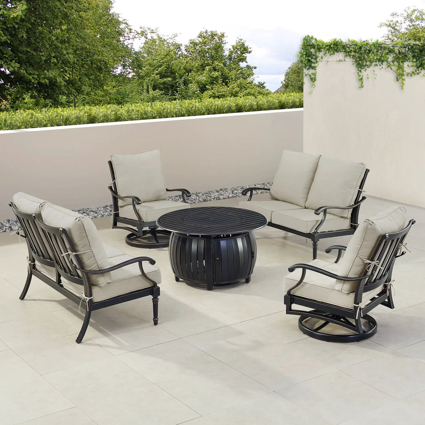 Black Aluminum Fire Table Set with Two Loveseats and Two Club Chairs by Sharicks