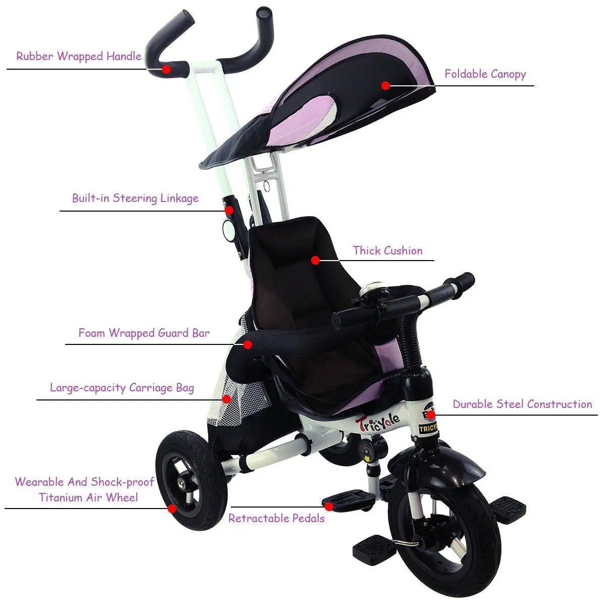 4-in-1 Detachable Learning Baby Tricycle Stroller w/ Canopy Bag-Pink by DirectDeals