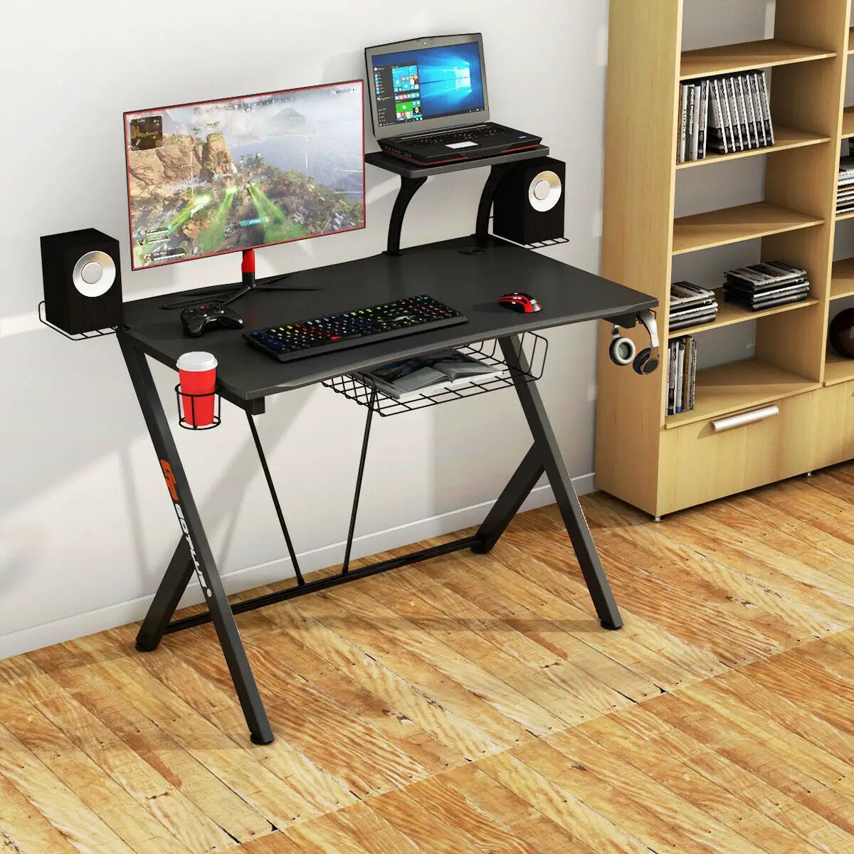 Multifunctional E-Sport Gaming Desk with Headset Hook and Cup Holder by DirectDeals