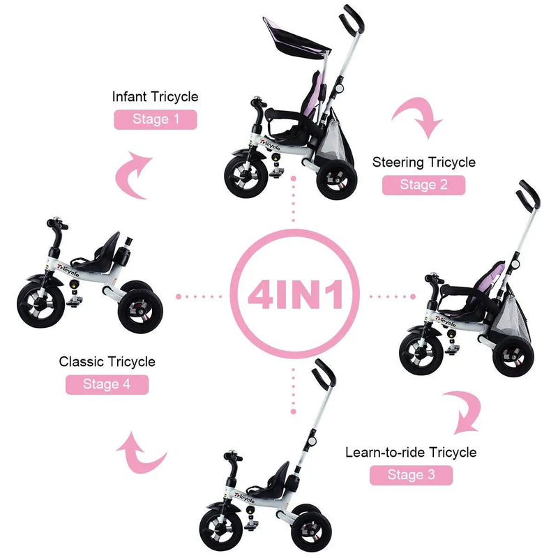 4-in-1 Detachable Learning Baby Tricycle Stroller w/ Canopy Bag-Pink by DirectDeals