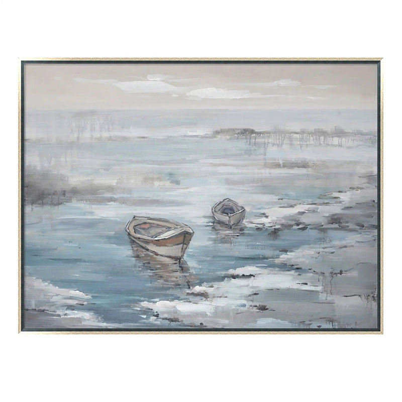 Hand Painted Acrylic Wall Art Ocean with Boats on a 47 x 35 Rectangular Canvas with a Silver Wooden Frame by Sharicks