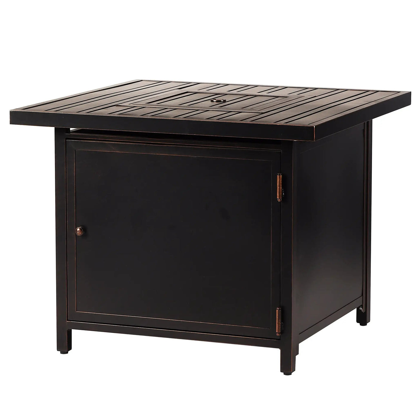 Black Aluminum Fire Table Bistro Set with Two Club Chairs by Sharicks