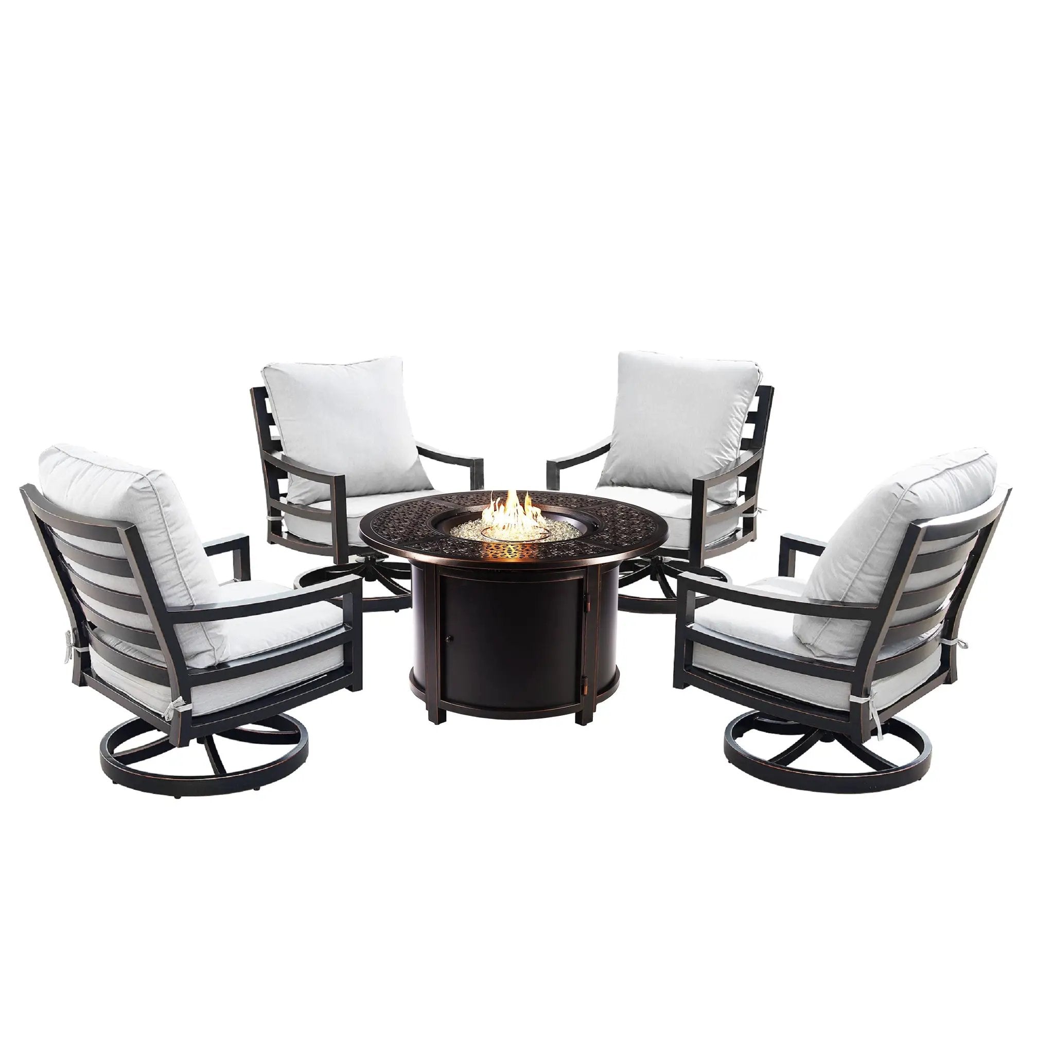 Aluminum 44-in Round Patio Fire Table Set with Swivel Rocking Chairs by Sharicks