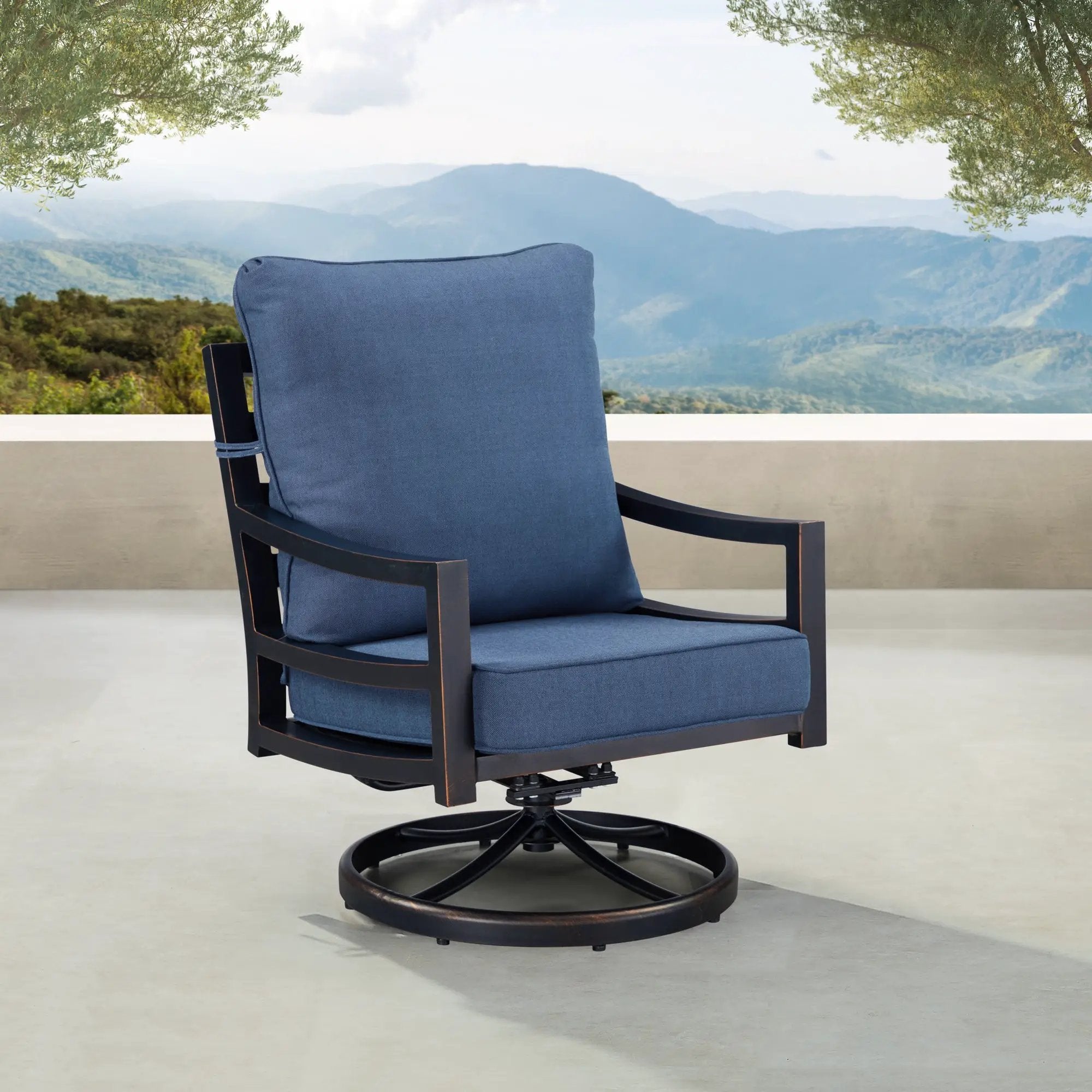 Pair of Black Aluminum Deep Seating Swivel Rocker Club Chairs with Cushions by Sharicks