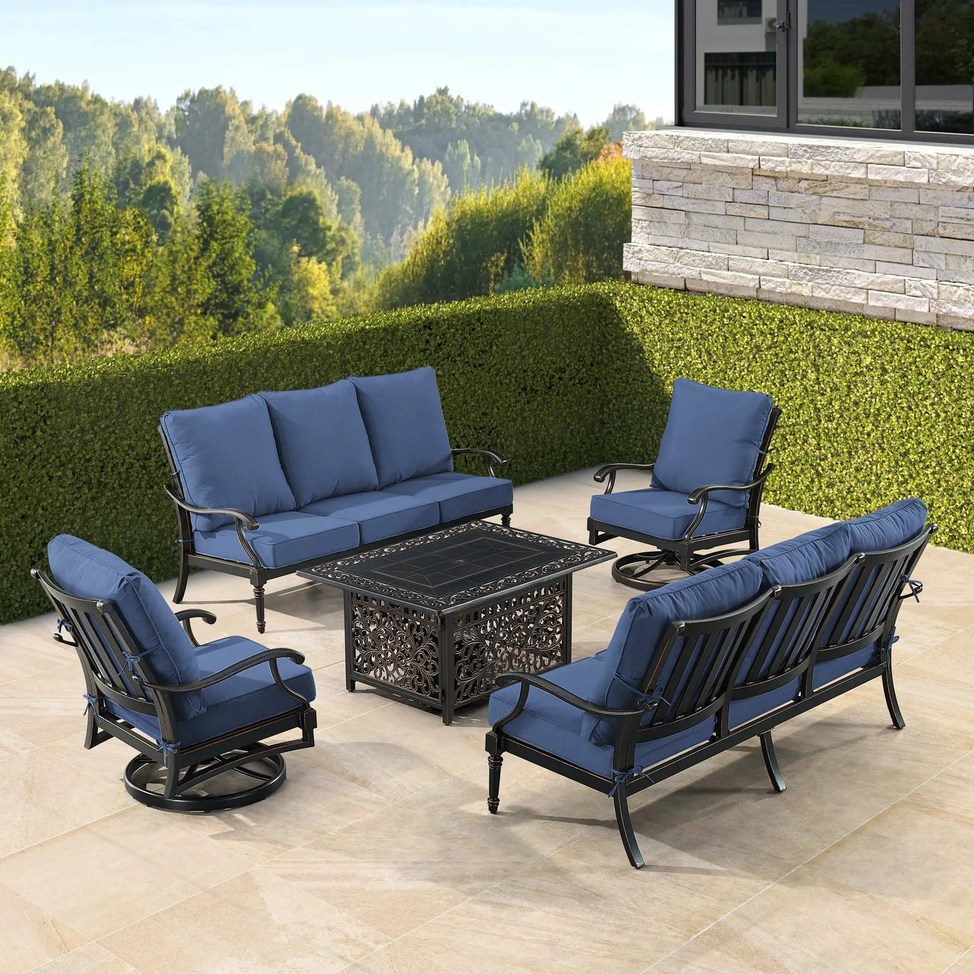 Black Aluminum Fire Table Set with Two Sofas and Two Club Chairs by Sharicks