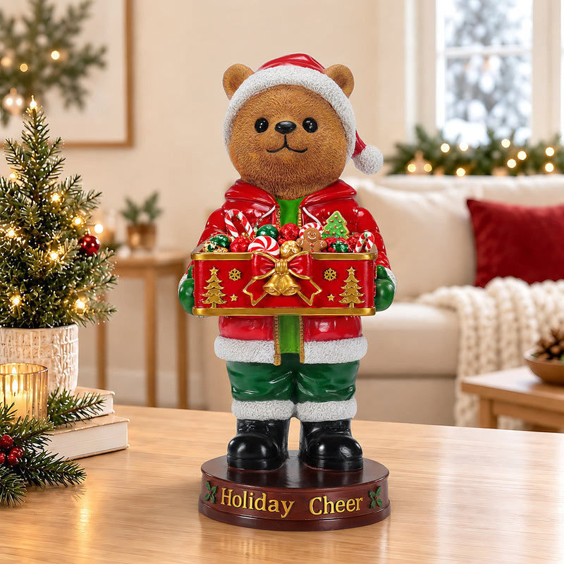 Christmas Bear Statue with Storage Tray, Holiday Tabletop Organizer, Candy Dish & Coffee Table Decor for Living Room