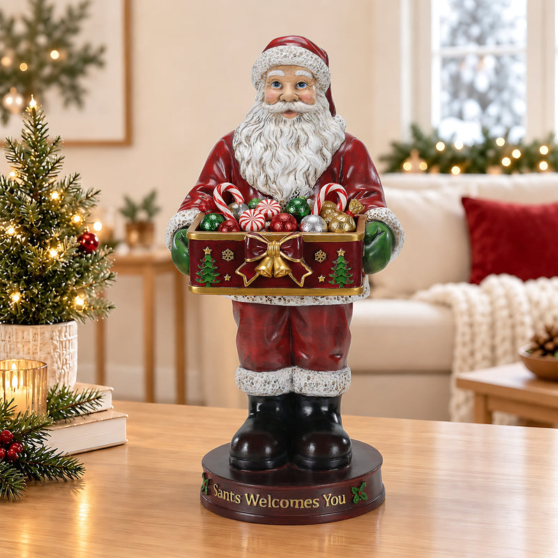 Christmas Santa Claus Statue with Storage Tray, Holiday Tabletop Organizer, Candy Dish & Coffee Table Decor for Living Room