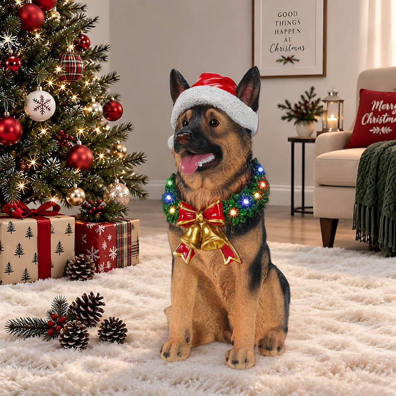 Lighted Christmas German Shepherd Dog Statue, Santa Hat Puppy Figurine with LED Wreath and Bells, photo 10 of 10