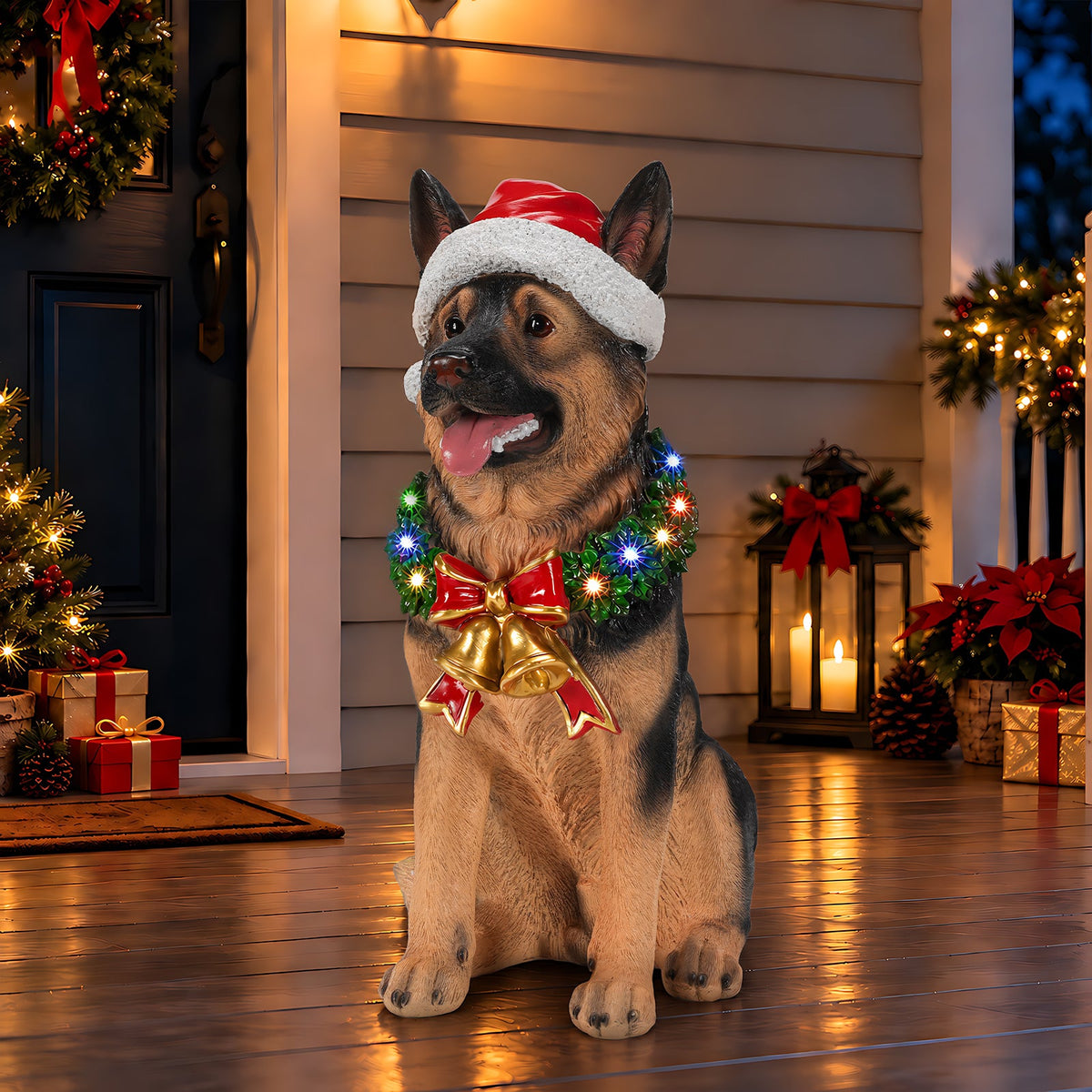 Lighted Christmas German Shepherd Dog Statue, Santa Hat Puppy Figurine with LED Wreath and Bells, photo 2 of 10