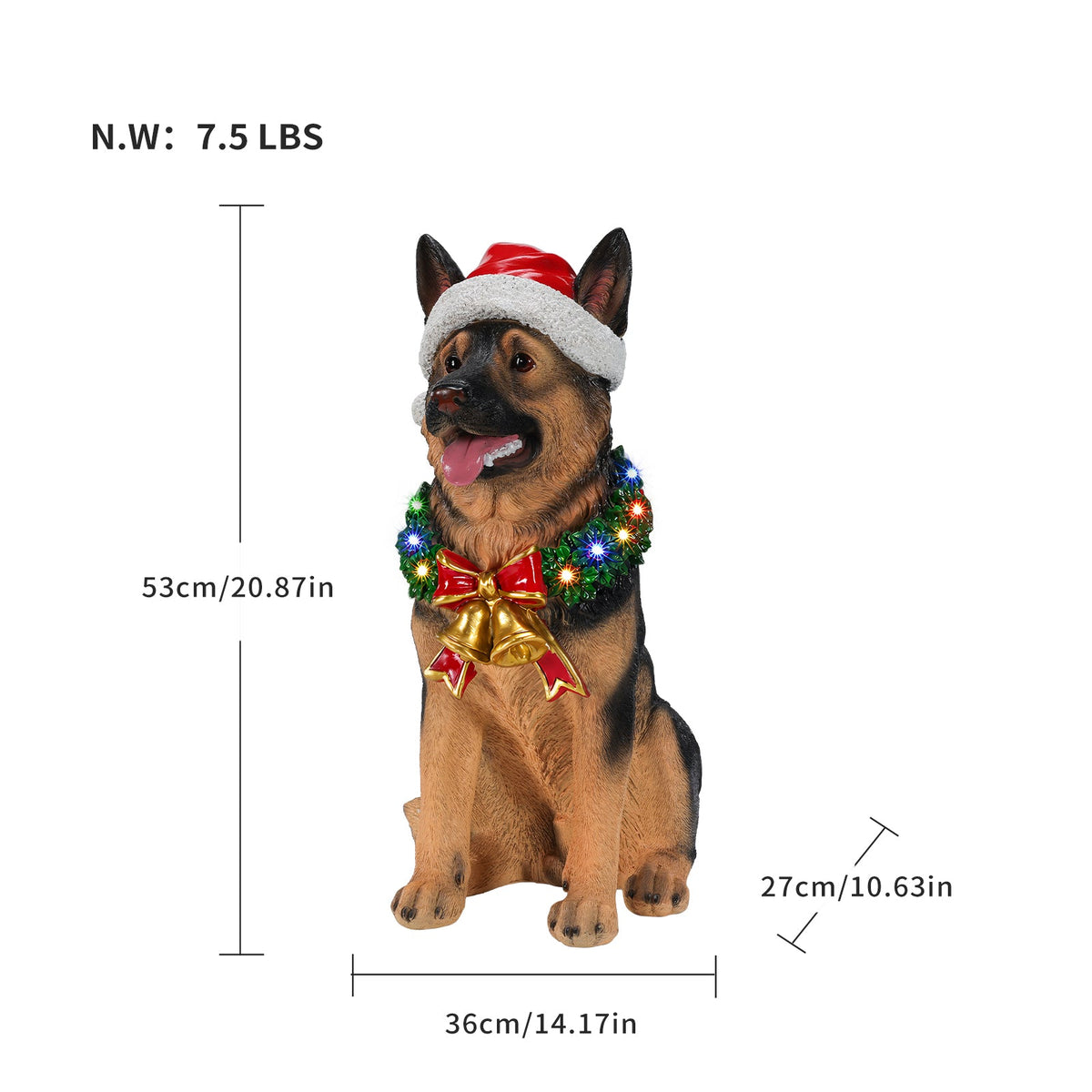 Lighted Christmas German Shepherd Dog Statue, Santa Hat Puppy Figurine with LED Wreath and Bells, photo 3 of 10