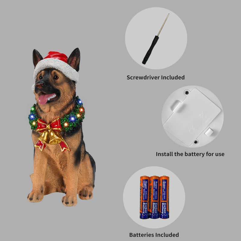 Lighted Christmas German Shepherd Dog Statue, Santa Hat Puppy Figurine with LED Wreath and Bells, photo 4 of 10