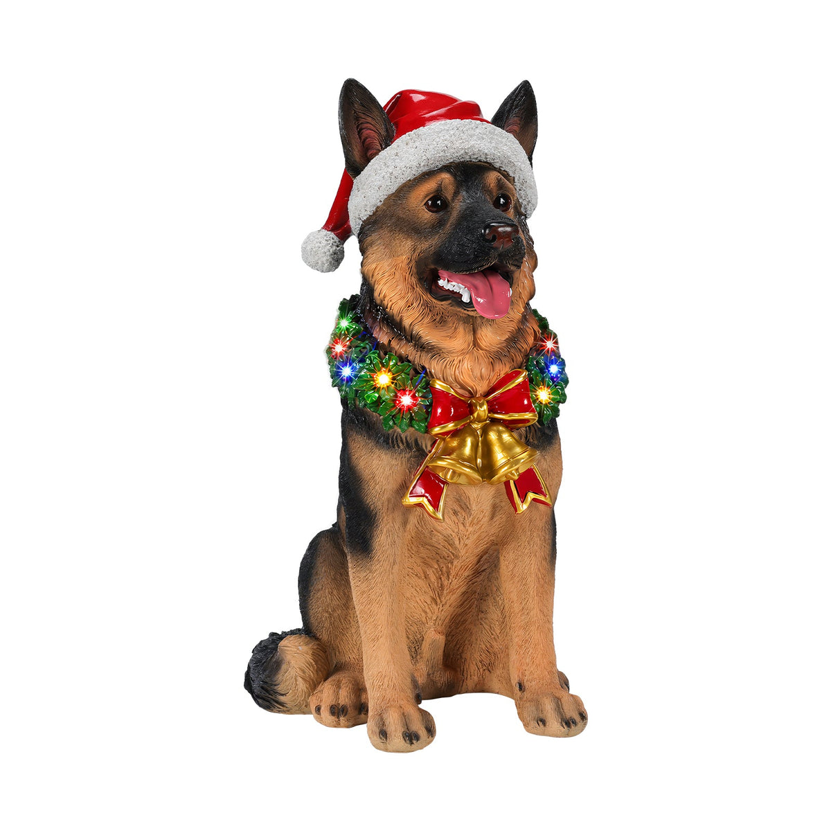 Lighted Christmas German Shepherd Dog Statue, Santa Hat Puppy Figurine with LED Wreath and Bells, photo 5 of 10